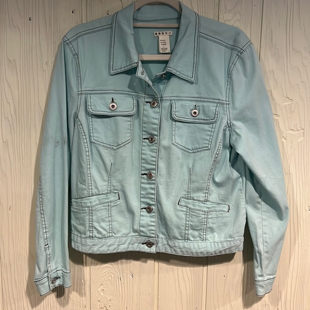 Jean Jacket Style Turquoise Brown  stitching Silver buttons  size large